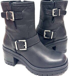 MIZ MOOZ LEATHER BOOTS BUCKLE SIDE ZIPPER BLACK 37EU / 7US NEW # Z-217